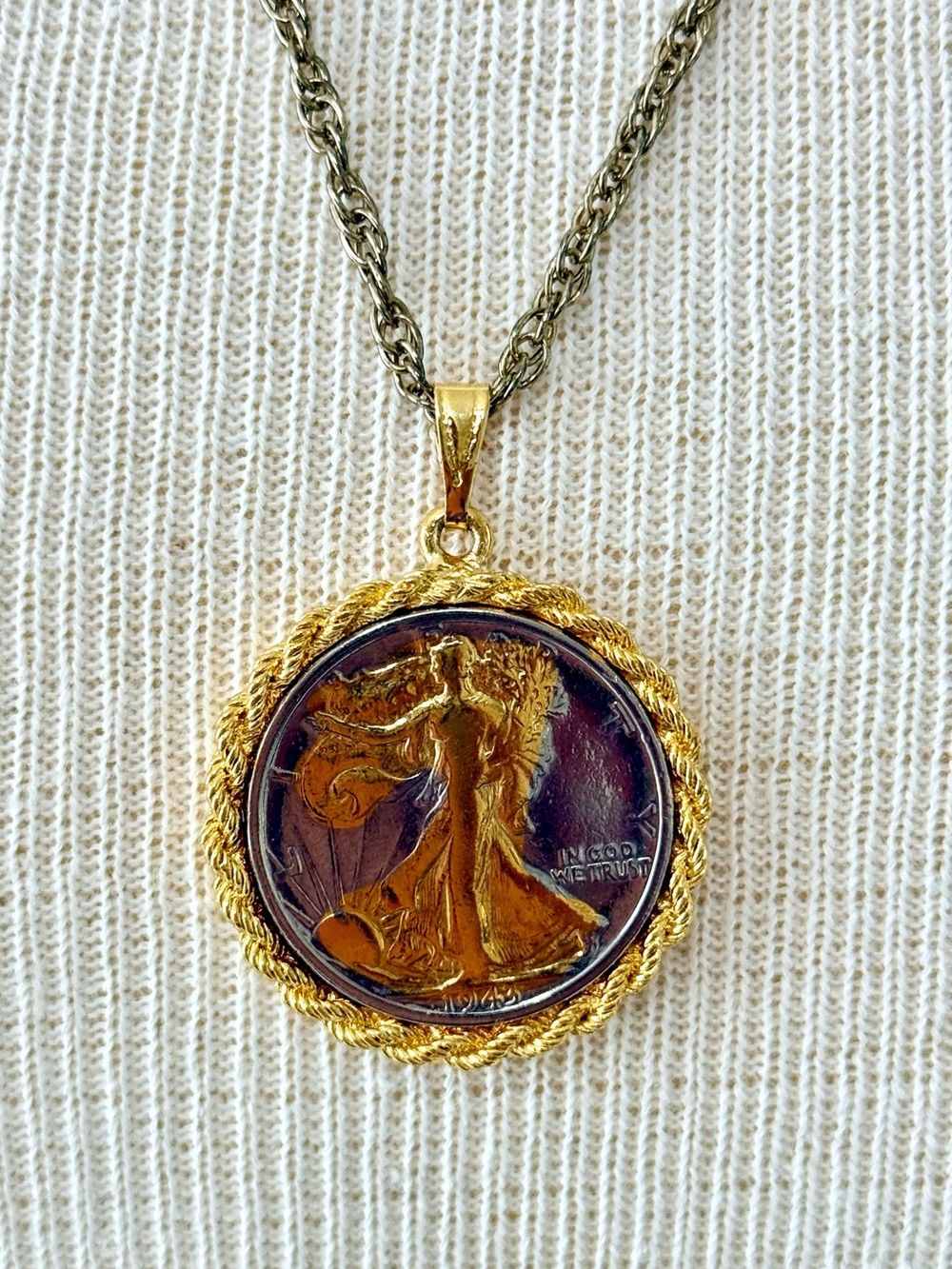 Vintage 1943 Walking Liberty Half Dollar Coin Necklace | Two-Tone Gold Plated
